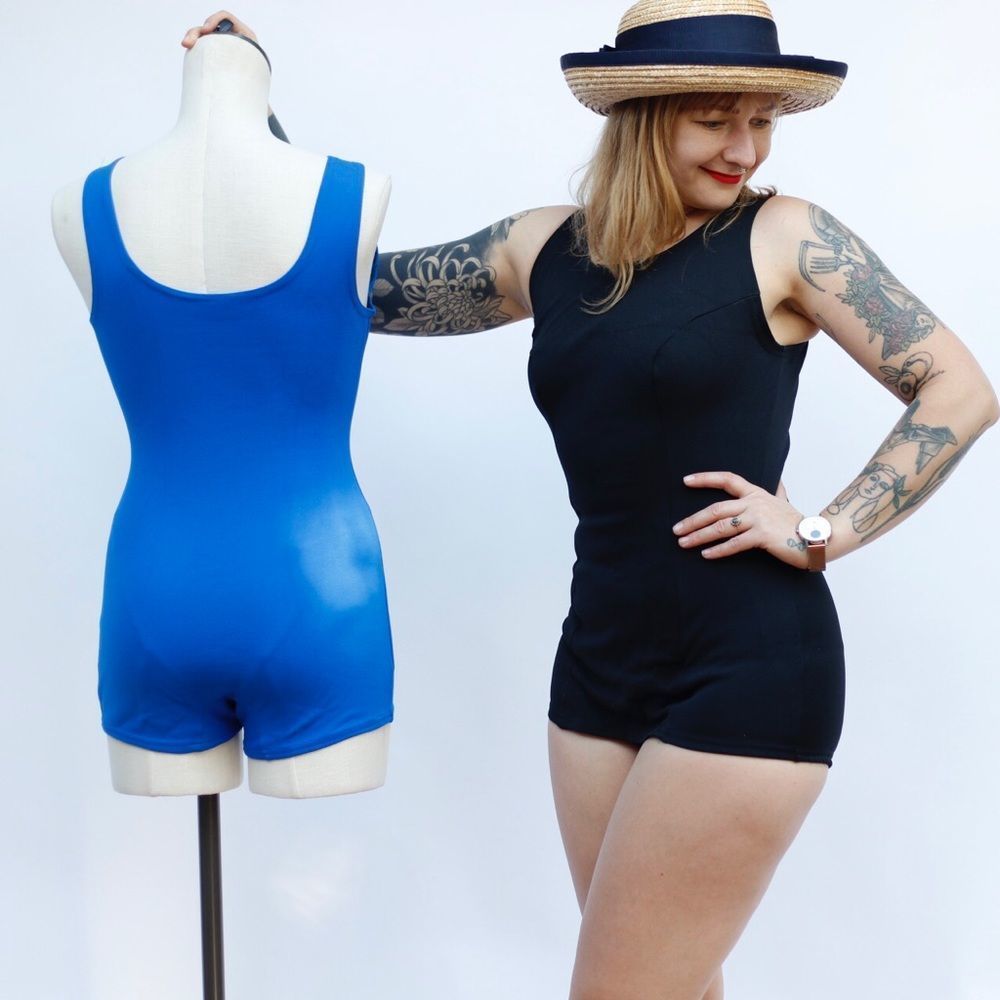 Vintage 60s 70s Retro One Piece Stretch Nylon Swimsuit Pin Up Mod Playsuit Blue - Picture 13 of 16